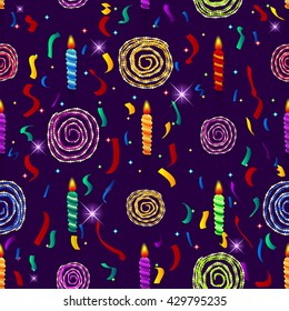 Colorful, cheerful, seamless pattern with burning candles on the beautiful, starry, violet background with decorations and confetti. Vector.