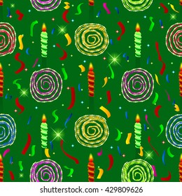 Colorful, cheerful, seamless pattern with burning candles on the beautiful, starry, green background with glare, decorations and confetti. Vector.