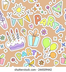 Colorful cheerful seamless pattern on the topic of children's holiday. Balloons, cake with candles, ice cream, sweets, gifts, flowers, hearts, sparkles on orange background.