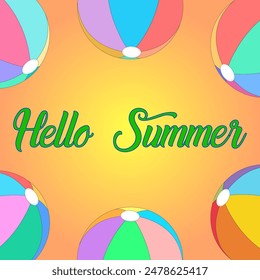 Colorful and cheerful vector illustration featuring beach balls and Hello Summer text. Perfect for summertime-themed projects and designs.