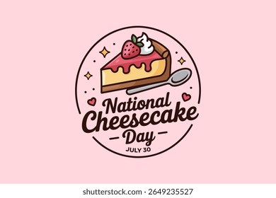 Design colorido de crachá de cheesecake com estrelas e ilustração de rosto para doce celebração do dia nacional de 30 de julho