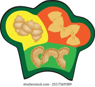 Colorful chef hat presenting different types of italian pasta, a concept for restaurants, food blogs and recipe websites