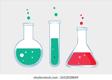 Copos químicos coloridos e ilustração de tubo de teste para ciência e educação