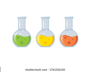 Colorful chemical glass tube filled with colored liquid. Bright flasks with potion inside. Laboratory glassware equipment icons.