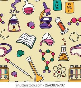 Colorful chemistry background seamless pattern. Chemistry and education theme wallpaper, background, backdrop.