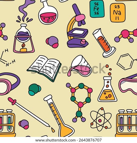 Colorful chemistry background seamless pattern. Chemistry and education theme wallpaper, background, backdrop.