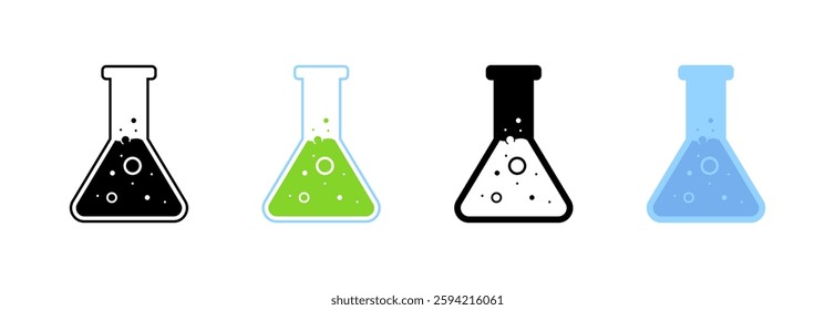 Colorful chemistry beakers with bubbles on white background. Vector icon