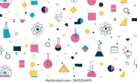Elementos químicos coloridos espalhando-se abstratamente sobre um fundo brilhante sem costura com ilustrações de átomos