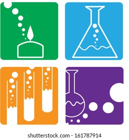 Colorful chemistry laboratory glassware flat icon set