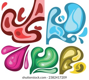 colorful chemistry liquid element, splashes collection with uneven fluid wavy edge. Paint spot, blot, rain puddle, stain with drops, blobs. Liquid watery graphic design elements, text backgrounds.