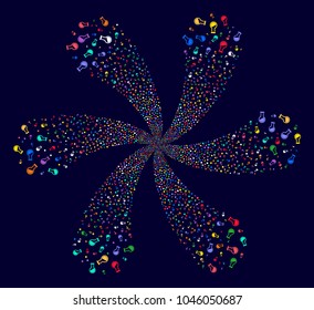 Colorful Chemistry Tube cyclonic bang on a dark background. Impressive vector flower with six petals done from scattered chemistry tube symbols.