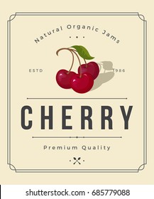 Colorful Cherry Jam Packaging Logo Design Element in Vintage Style. Cherry Retro Label Vector Illustration.