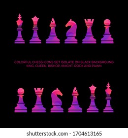 Colorful chess icon set on black background. King, queen, bishop, knight, rook and pawn icon set of chess game.