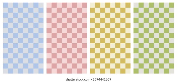 Colorful chess pattern background – red, yellow, green, blue checkered design. Vector illustration of seamless vertical wallpaper in retro style for design of paper packaging, fabric, web page.