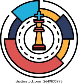 A colorful chess piece, specifically a king, is placed on a round background with a red and blue circle. Concept of strategy and competition, as chess is a game that requires careful planning