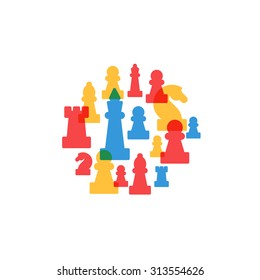 Colorful chess pieces in circle, chess club or school, competition or strategy concept.