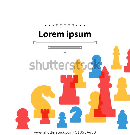 Colorful chess pieces, chess club or school, competition or strategy concept. Cover template.