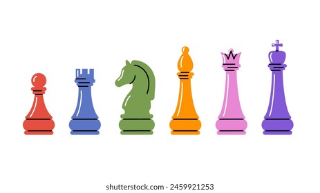 Colorful chess pieces set. Red pawn, blue rook and green horse. Yellow bishop, pink queen and violet king. Game for logic and intellect. Cartoon flat vector collection isolated on white background