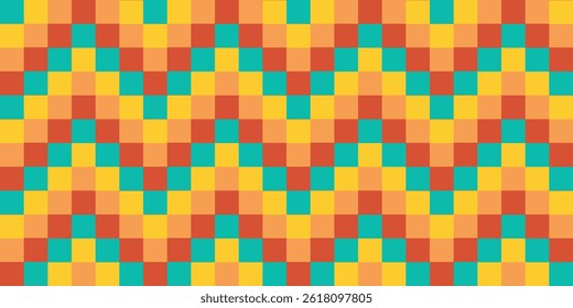 Textura a cuadros de tablero de ajedrez colorido con signo de flecha. Divertido diseño geométrico abstracto en estilo retro de los años 60-70. Diseño funky hippie.