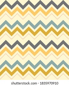 Colorful chevron and dashes on soft background, seamless vector pattern.