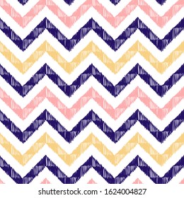 Colorful Chevron Ikat Seamless Pattern. Hand Drawn Doodle Sketch Multicolor Stripes. Vector Zig zag Striped Abstract Background