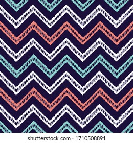 Colorful Chevron Ikat Seamless Pattern. Hand Drawn Doodle Sketch Multicolor Stripes. Vector Zig zag Striped Abstract Background