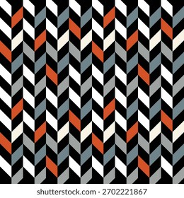 Un colorido patrón de chevron con negro, blanco, naranja y gris. Este diseño es perfecto para fondos, textiles y proyectos creativos por igual. Versátil y moderno.