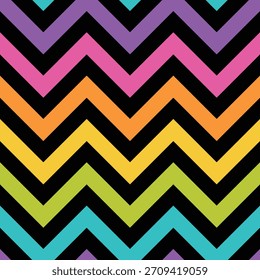 Colorful Chevron Zigzag Geometric Seamless Pattern on Dark Background. Vector Illustration.