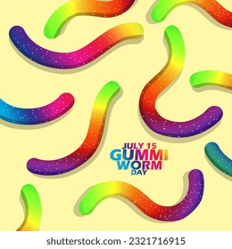 Colorful Chewy candies shaped like worms and bold text on light brown background to celebrate National Gummi Worm Day on July 15