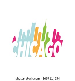 colorful chicago hand lettering logo design combined with cityskyline vector illustrations