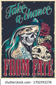 Colorful chicano tattoo poster with girl in scary mask and baseball cap cat skull dice and roses in vintage style vector illustration