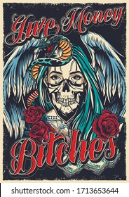 Colorful chicano tattoo poster with girl in scary mask with angel wings snake money and rose flowers in vintage style vector illustration