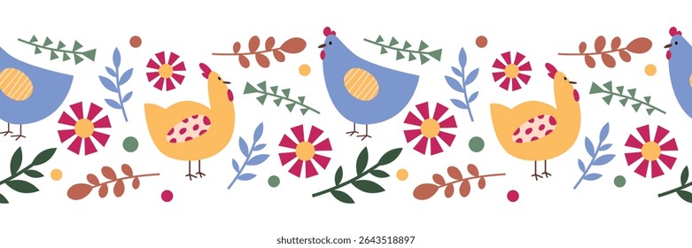 Colorful Chicken and Flower Seamless Border. Colorful Chicken and Flower perfect for decorative designs, with a lively and cheerful vibe.