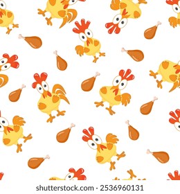 colorful chicken and fried legs on a white background, seamless pattern