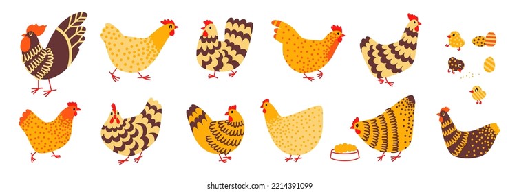 Colorful chicken set. Vector cartoon illustration with hen, rooster, chicks and chicken eggs for Easter