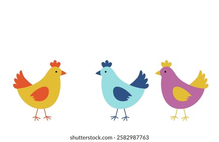 Colorful chickens in a row. On a white background.