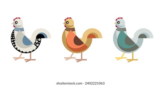 Colorful chickens set, poultry farming. Vector illustration. The drawing is isolated on a white background.