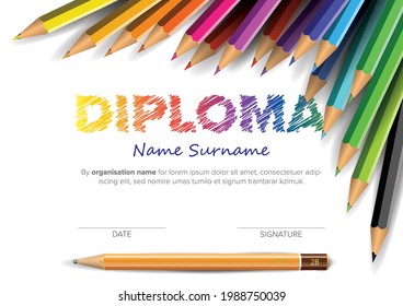 Colorful child diploma certificate template with color crayons and drawing pencil and big color lettering. Kids diploma certificate template ready to print in a4 size