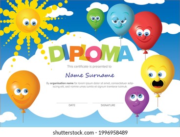 Colorful child diploma certificate template with color balloons, sun sky and big color lettering. Kids diploma certificate template ready to print in a4 size