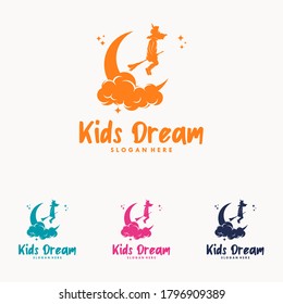 Colorful Child Reaching Stars riding a broom logo vector