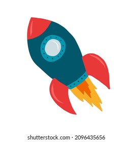 Colorful child rocket, blue and red space ship, Cute vector illustration for prints, stickers, cards and other kid's designs