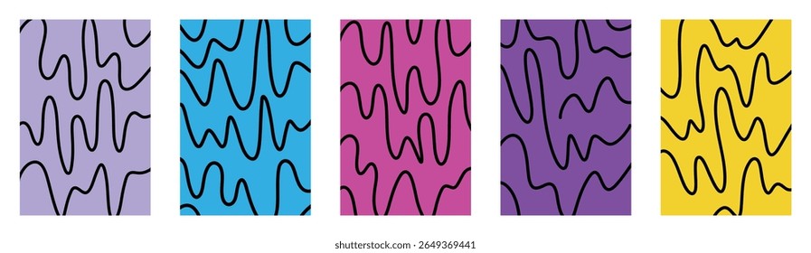 Crianças coloridas esboço vetor doodles conjunto com contornos pretos irregulares, fluido funky formas curvas, linhas onduladas de lápis de cera retro, deformados traços espontâneos, alegres desenhos de arte crianças energéticas divertidas