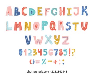 Colorful childish alphabet, letters and numbers vector illustration.