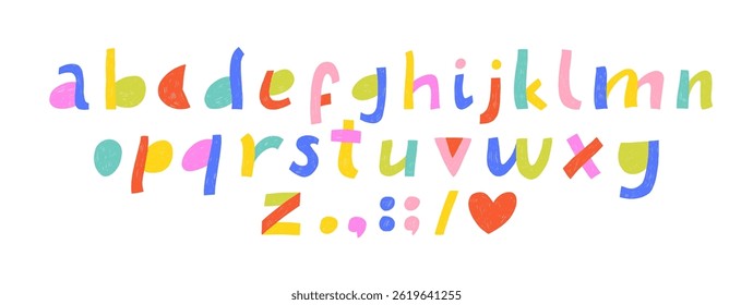 Colorful childish bold font with crayon or pencil texture. Handwritting funky font, scribbled comic alphabet. Cute playful doodle font for school, kindergarten, home decoration and kid's design.