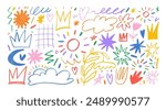 Colorful childish crayon drawn doodle collection. Pencil drawings isolated on white, squiggles in childish girly style, flower, crown and stars. Freehand cute kid scribbles. Bright color chalk icons.