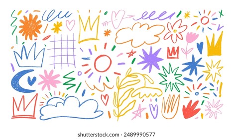 Colorful childish crayon drawn doodle collection. Pencil drawings isolated on white, squiggles in childish girly style, flower, crown and stars. Freehand cute kid scribbles. Bright color chalk icons.