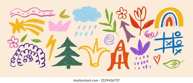 Colorful childish crayon drawn doodle collection. Pencil drawings isolated on white, squiggles in childish girly style, flower, crown and stars. Freehand cute kid scribbles. Bright color chalk icons.