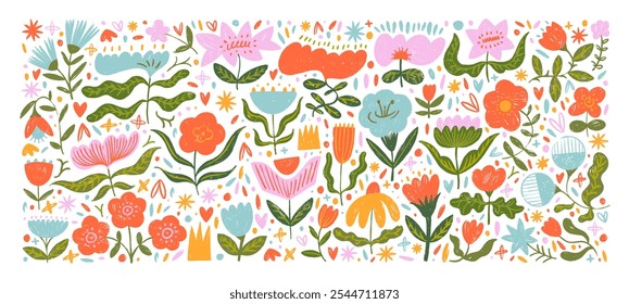 Colorful childish crayon drawn doodle flowers collection. Pencil drawn graphic cute flowers icons. Happy Easter. folk style botanical elements. Freehand cute kid scribbles, funny children art style.