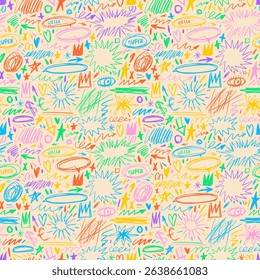 Colorful childish crayon drawn doodle seamless pattern. Funky shapes and inky drawings. Punk vector seamless pattern in childish girly style with scribbles, squiggles, speech bubbles and cute shapes.