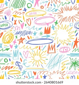 Colorful childish crayon drawn doodle seamless pattern. Funky shapes and inky drawings. Punk vector seamless pattern in childish girly style with scribbles, squiggles, speech bubbles and cute shapes.